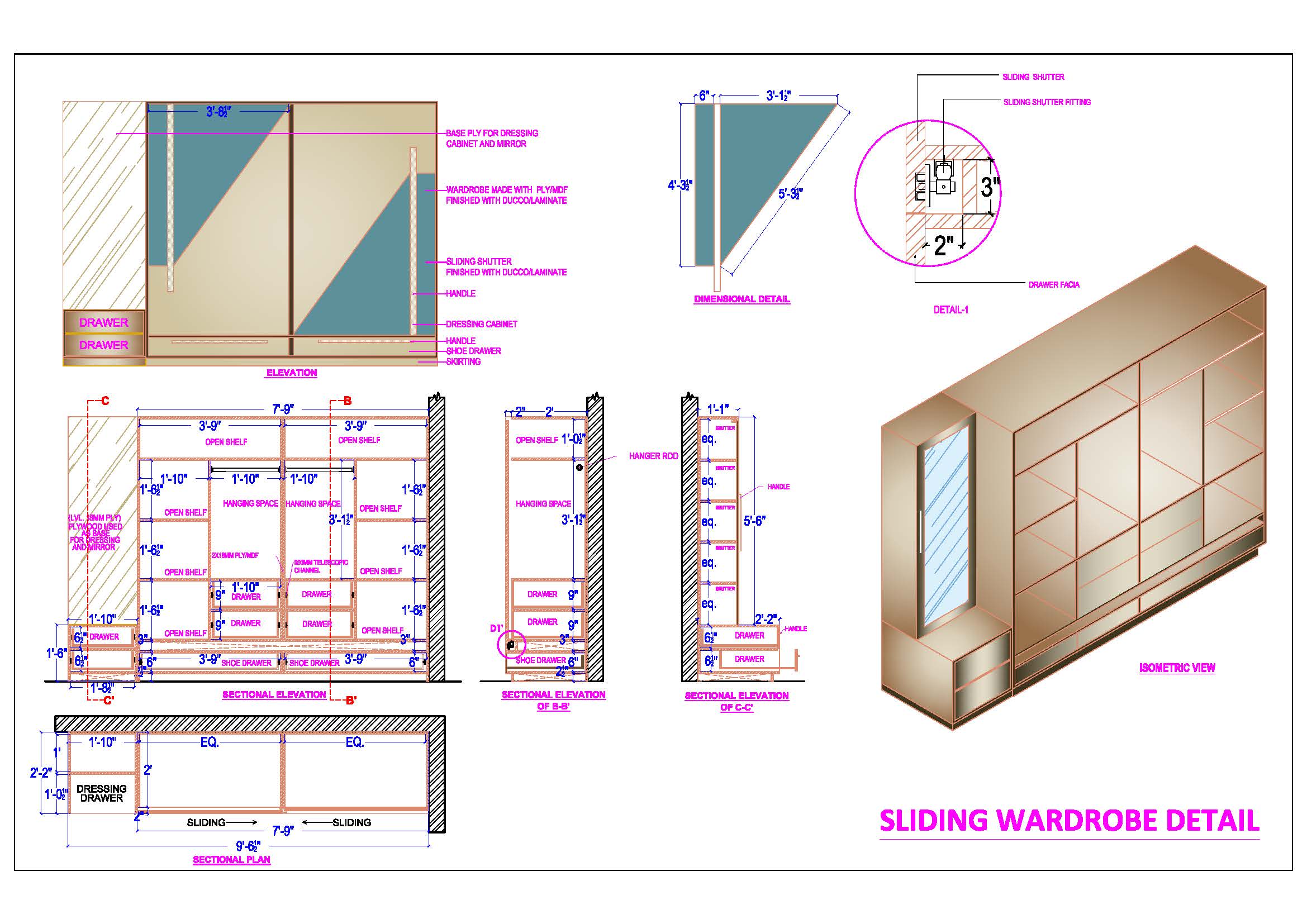 Sliding Wardrobe with Dressing Area AutoCAD Drawing